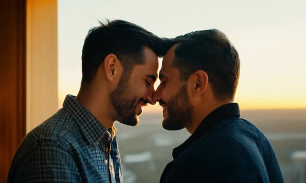 Two happy men with beards touching noses and smiling at each other during sunset