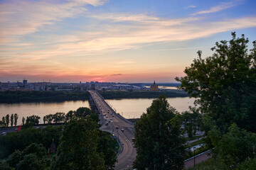 Evening view of Kanavinsky Bridge and Alexander Nevsky Cathedrall, Nizhny Novgorod, Russia