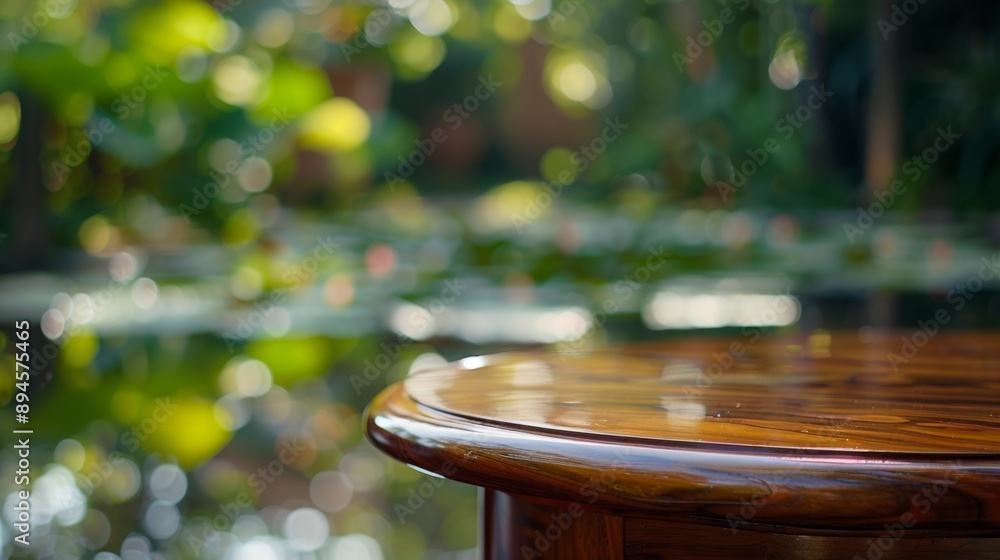 Aufkleber a close-up of a wooden table top with a blurred background of green foliage and sunlight.