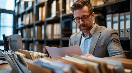 Office man organizing files in a cabinet, office tidiness, organization and order