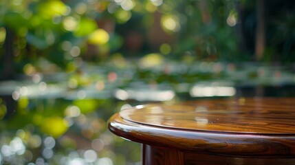 Obraz premium A close-up of a wooden table top with a blurred background of green foliage and sunlight.