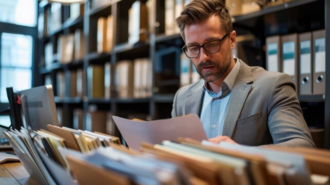 Office man organizing files in a cabinet, office tidiness, organization and order
