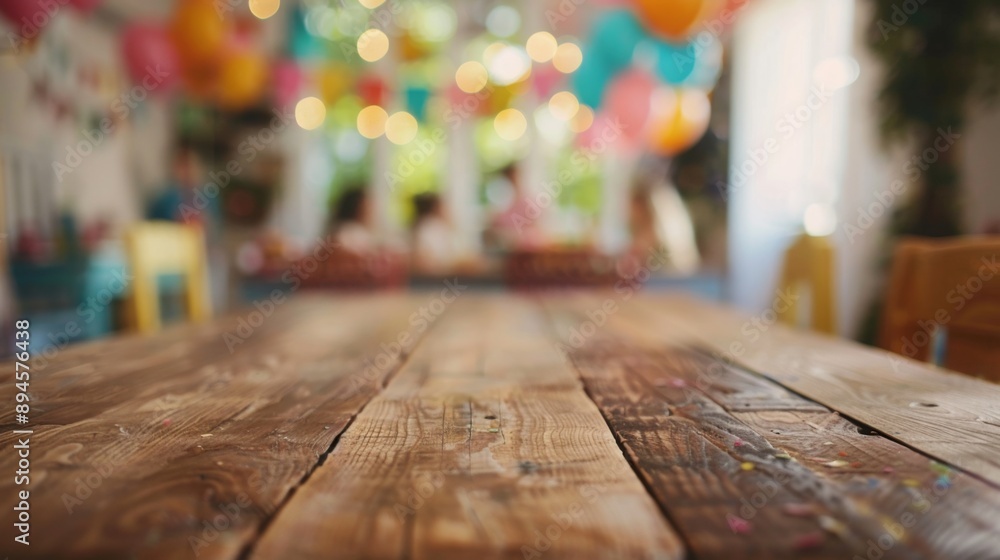 Poster a close-up view of a wooden table with a blurred background of colorful balloons and string lights, 