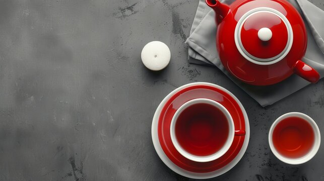 Create a top view image featuring a cup of tea, a teapot, and a sugar bowl arranged on a grey background. The composition should highlight the elegant simplicity of a tea set with a focus on the teapo