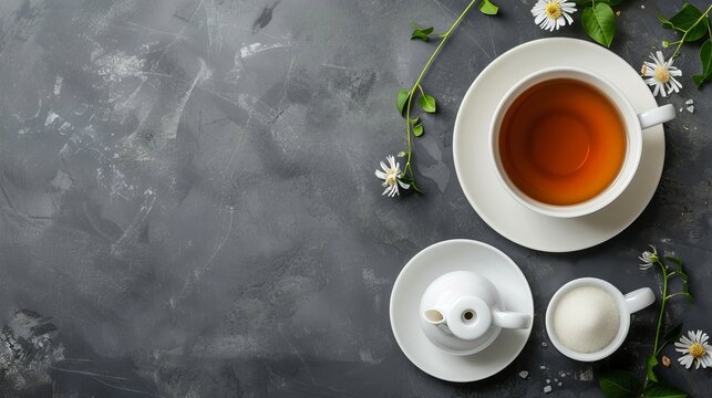 Create a top view image featuring a cup of tea, a teapot, and a sugar bowl arranged on a grey background. The composition should highlight the elegant simplicity of a tea set with a focus on the teapo