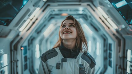 Happy woman in space station corridor, wearing astronaut suit
