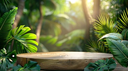 Wood Podium Table Outdoors with Green Background: Product Placement in Nature