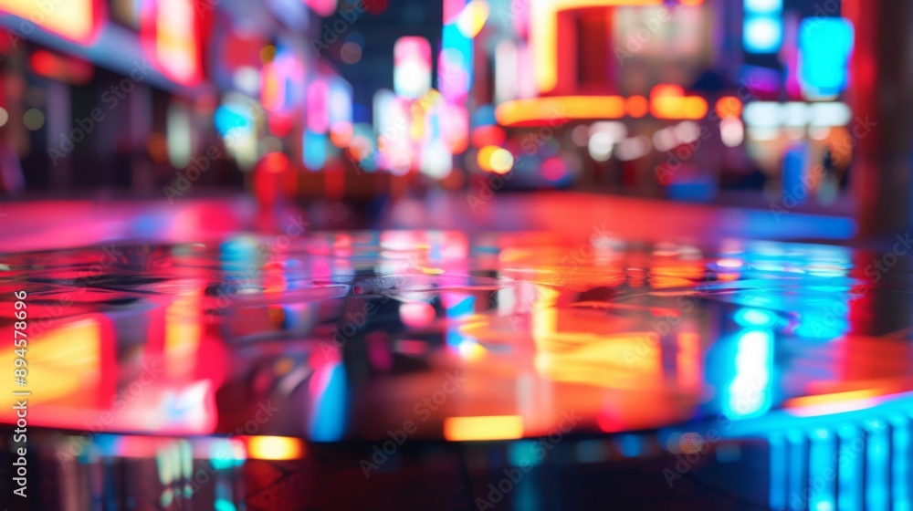 Poster a wet city street reflects the vibrant glow of neon signs, creating a colorful and abstract pattern 