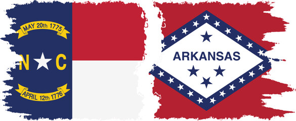 Arkansas and North Carolina states grunge brush flags connection, vector