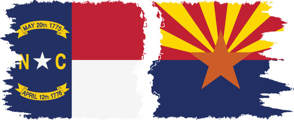 Arizona and North Carolina states grunge brush flags connection, vector