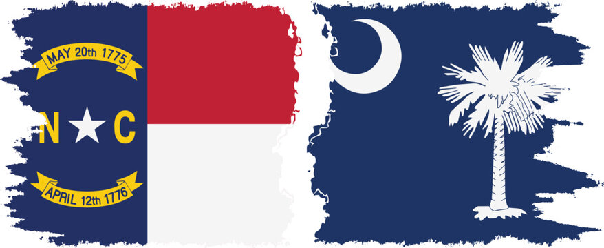 South Carolina and North Carolina states grunge brush flags connection, vector