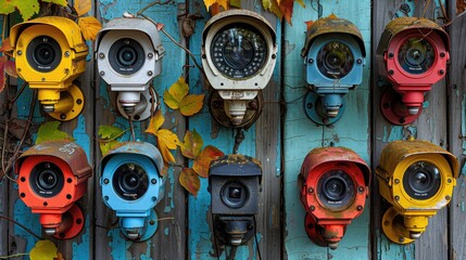 Fototapeta premium Multiple surveillance cameras mounted on walls in urban settings, capturing different angles of public spaces