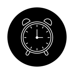 A white line clock vector icon, with a black circle background.