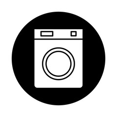 Vector icon of a white symbol washing machine, on a black circle background.