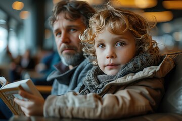 Airport Snack Break theme. A family sitting at a cafÃ© table in the airport, enjoying sandwiches and drinks before their flight 