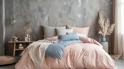 Trendy bedroom with pastel pink, beige, and blue bedding on king-size bed, grey wall backdrop