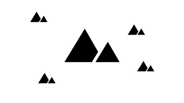 Zoom in and out animation the mountains symbol. Large black symbol in the center and four small symbols around. Seamless looped 4k animation on white background