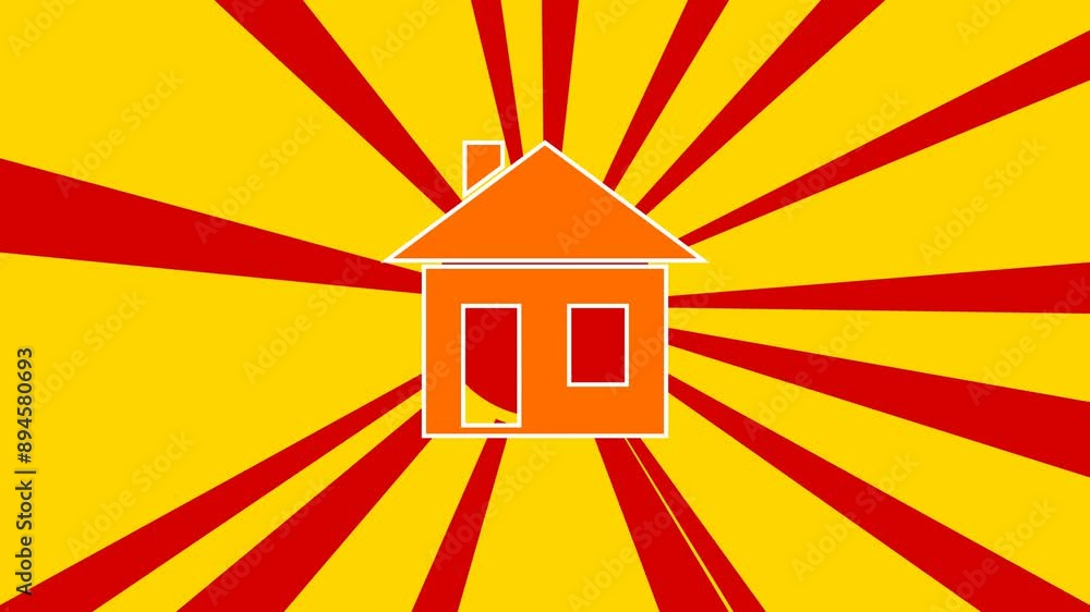 Poster house symbol on the background of animation from moving rays of the sun. large orange symbol increas