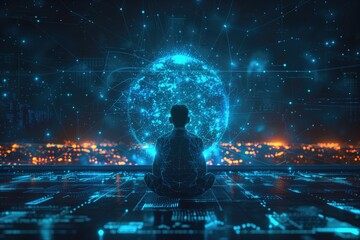 Conference Presentation: A business executive giving a virtual presentation using an AI avatar, addressing an audience in a digital conference room environment 