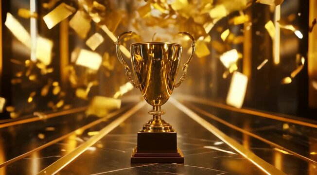 A golden trophy cup on a reflective surface with golden confetti falling around it, creating a celebratory atmosphere.