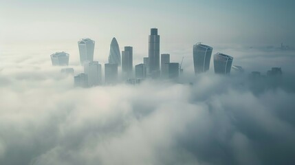 Fototapeta premium The modern skyline of Canary Wharf, London, during a foggy day with the tops of the skyscrapers looking out of the clouds
