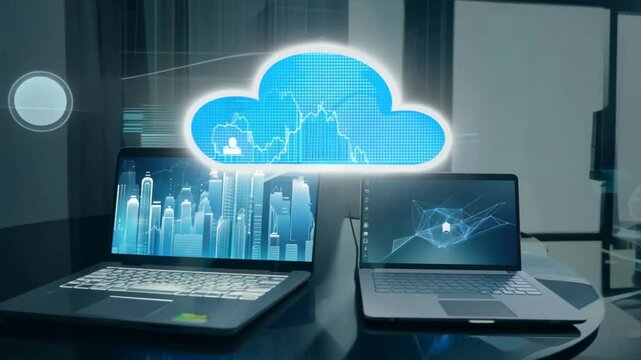 Laptop illustrating cloud computing concept with global connection and data sharing, in a technology-themed 3D illustration