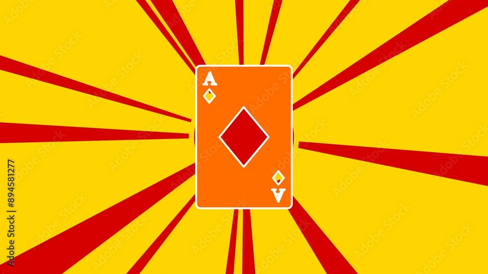 Poster ace of diamond card on the background of animation from moving rays of the sun. large orange symbol 