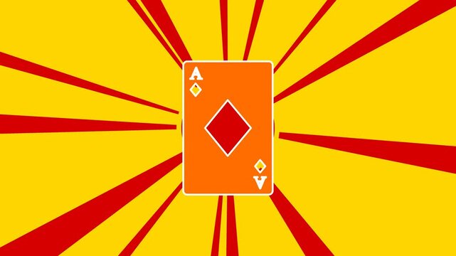 Ace of diamond card on the background of animation from moving rays of the sun. Large orange symbol increases slightly. Seamless looped 4k animation on yellow background
