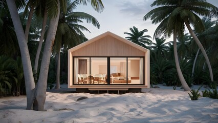 A compact seaside cottage with a simple design, blending seamlessly with the sandy surroundings and palm trees. .