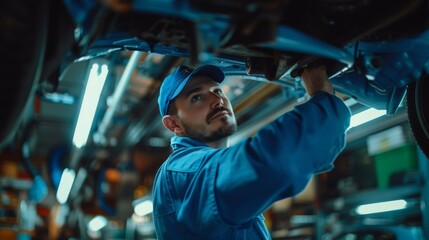 Mechanic in Blue Overalls Working Underneath a Car in a Modern Auto Repair Shop