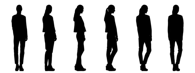 Vector concept conceptual black silhouette of  a young woman standing from different perspectives isolated on white background. A metaphor for relaxation, comfortable, practical and lifestyle