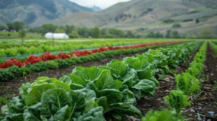 Rows of fresh lettuce growing on a farm with mountains in the background, representing agriculture and organic farming.