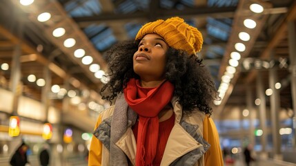 Woman in airport with yellow hat and red scarf, casual travel