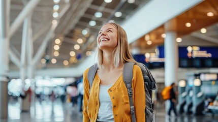 Smiling woman in airport with backpack, ready to travel
