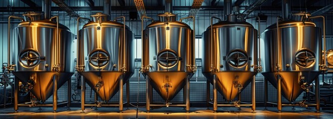 Stainless steel fermentation tanks in a brewery, ready to brew delicious beer
