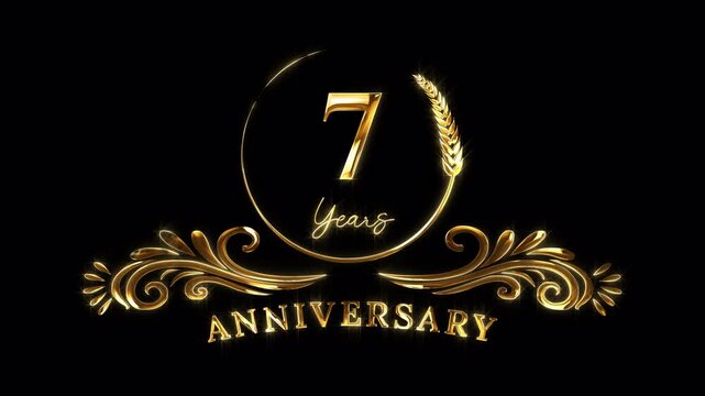 7th Anniversary Celebration. Happy 7 Years Anniversary Animation in Gold Color on the Transparent Background, Alpha Channel. Great for greetings, celebrations, events, and gifts.