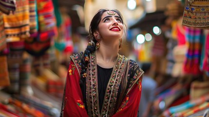 Woman in traditional attire smiling in bustling market, surrounded by colorful fabrics