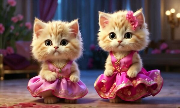 Dancing kittens, two kittens, dancing kittens in a playful animated scene, cute animated kittens dancing in a room