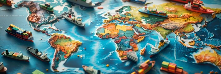 A colorful world map with brightly colored global trade routes is shown from an overhead perspective. Toy ships are placed along the trade routes