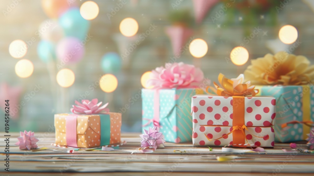 Poster A table with four wrapped gifts, each with different patterned paper and ribbons, sits in front of a blurred background of string lights and decorations.
