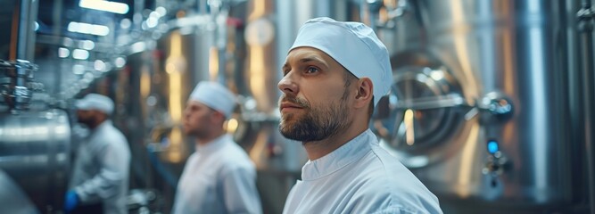 A focused technician monitors the brewing process in a modern facility, surrounded by large stainless steel tanks