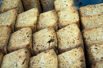 Fresh crispy bread from a bakery close up.