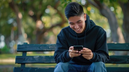 Smiling young man using smartphone on park bench, wearing hoodie