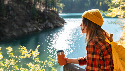 Female hiker enjoying a moment of peace while drinking coffee by a lake copy space