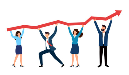 Businesspeople standing and holding arrow curve indicator of growth and development in common business on raised hands. Teamwork.