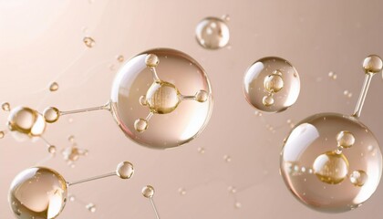 Glossy Cosmetic Essence with Floating Molecular Bubbles in Elegant Background