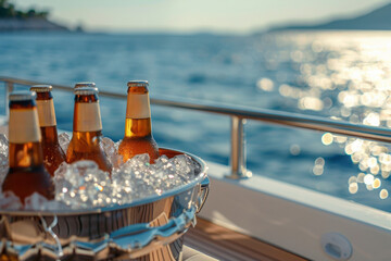 Four beer bottles in an ice bucket on a yacht deck with a view of the ocean