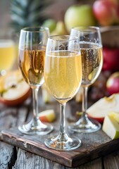 Three Glasses of Sparkling Cider with Apples and Pears