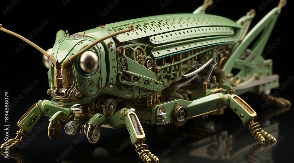 Aufkleber A close-up image of a steampunk-style grasshopper robot. The robot is made of metal and has a green and gold finish. It is detailed with gears, wheels, and other intricate mechanisms. The robot is s