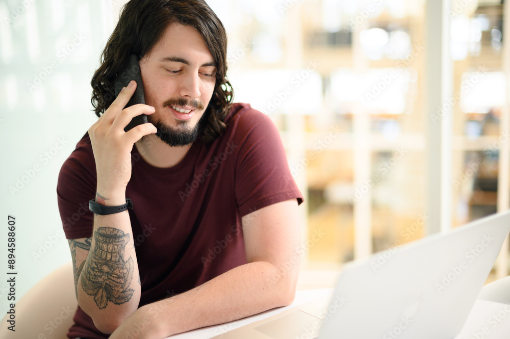 Aufkleber business, man and phone call with laptop at desk for communication, b2b networking and discussion. d